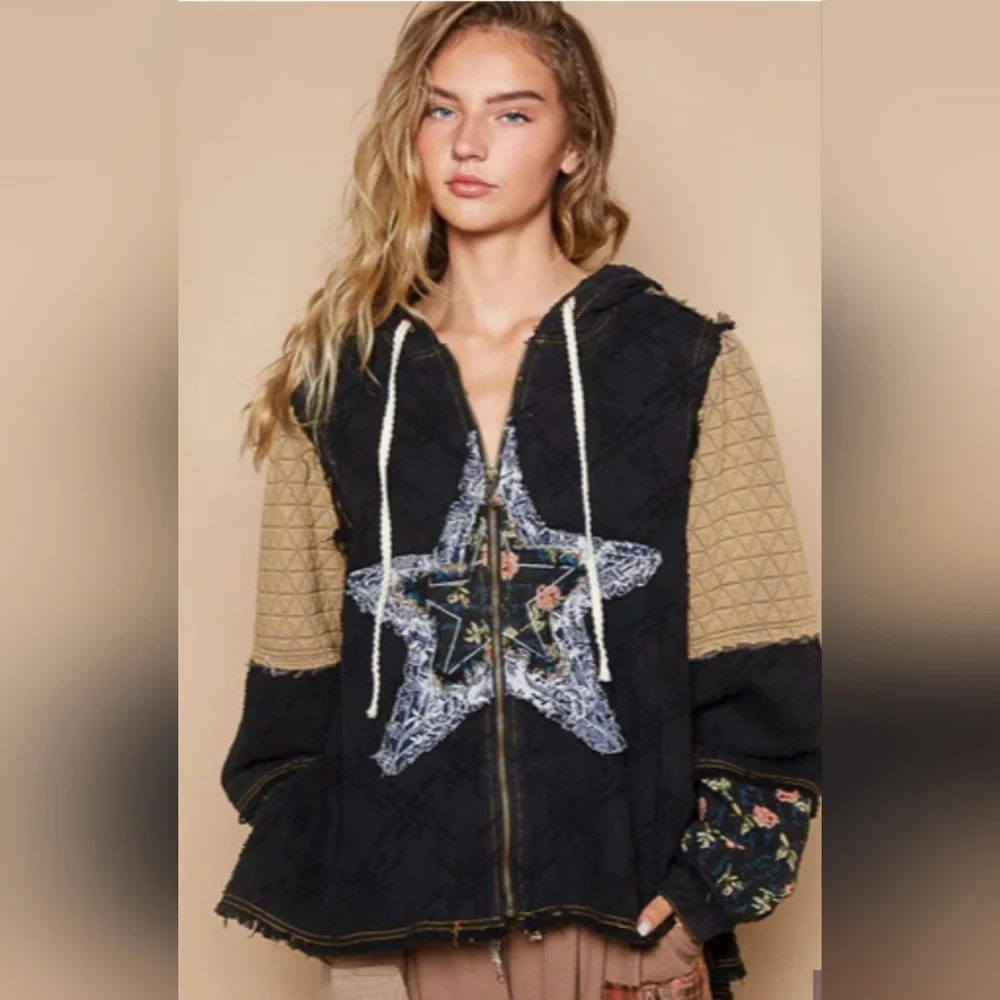 NWOT POL OVERSIZED Front Jacquard Star Patched Hooded Jacket Size Large - Picture 1 of 8